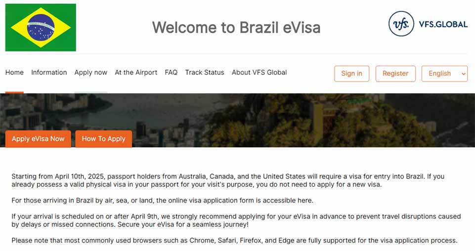 đơn xin visa brazil online