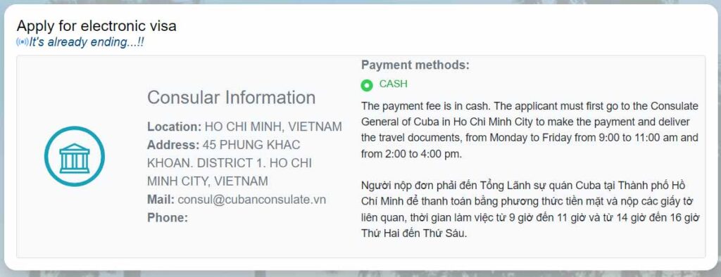 thanh toán lệ phí xin visa cuba online