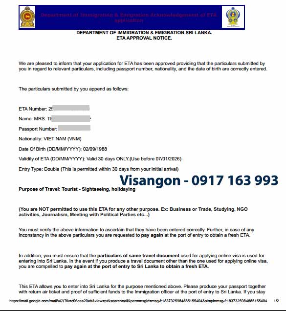 xin visa thăm thân sri lanka eta